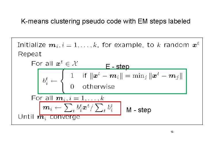 K-means clustering pseudo code with EM steps labeled E - step M - step
