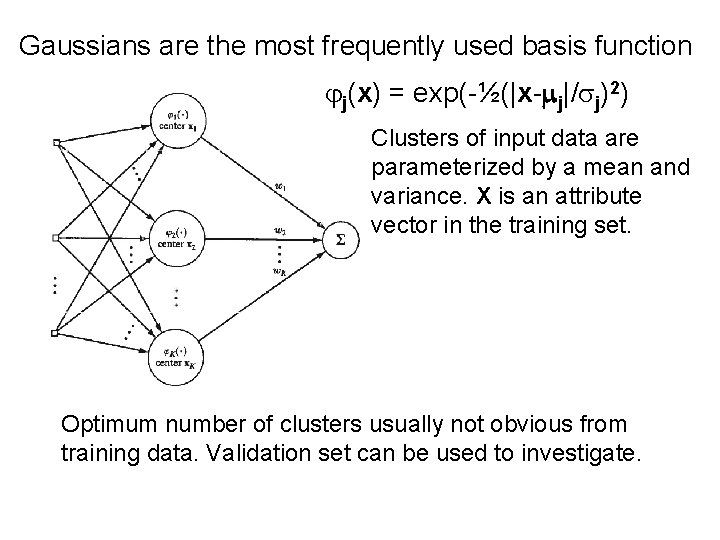 Gaussians are the most frequently used basis function jj(x) = exp(-½(|x-mj|/sj)2) Clusters of input