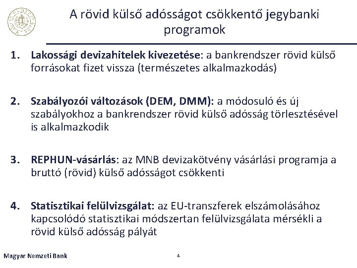 A rövid külső adósságot csökkentő jegybanki programok 1. Lakossági devizahitelek kivezetése: a bankrendszer rövid