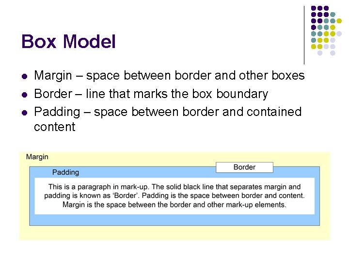 Box Model l Margin – space between border and other boxes Border – line