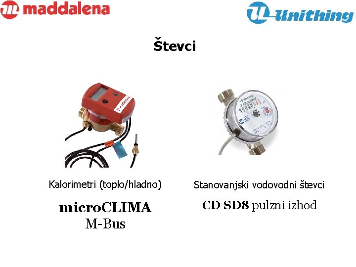 Števci Kalorimetri (toplo/hladno) Stanovanjski vodovodni števci micro. CLIMA M-Bus CD SD 8 pulzni izhod