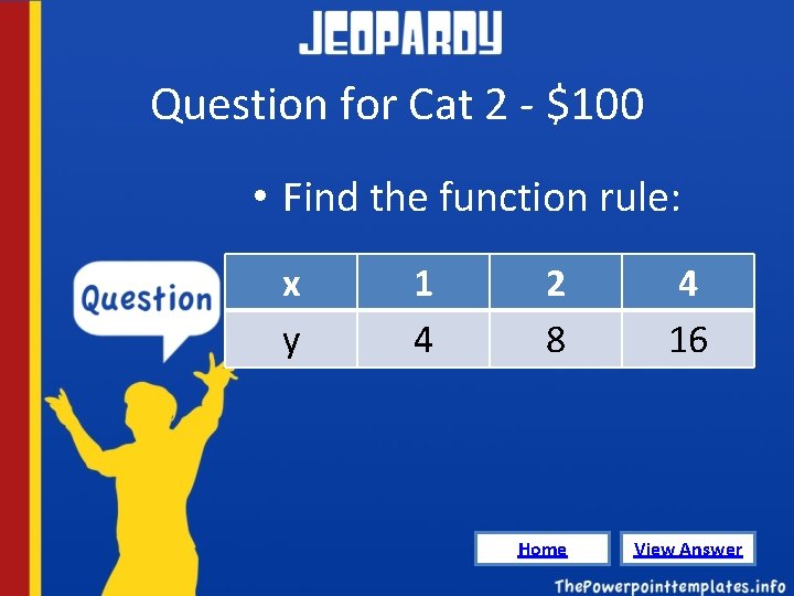 Question for Cat 2 - $100 • Find the function rule: x y 1