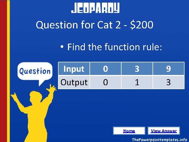 Question for Cat 2 - $200 • Find the function rule: Input Output 0