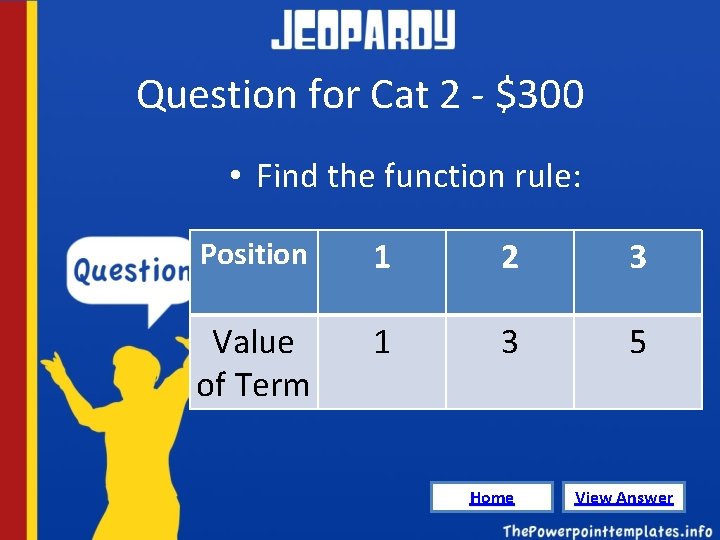 Question for Cat 2 - $300 • Find the function rule: Position 1 2