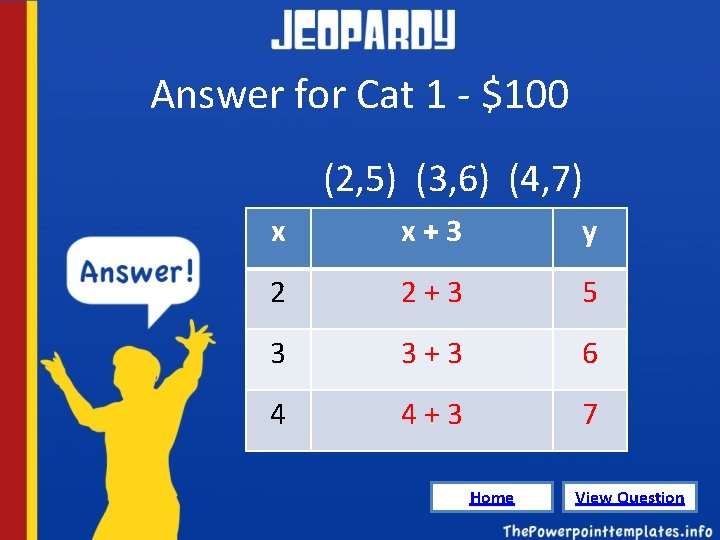 Answer for Cat 1 - $100 (2, 5) (3, 6) (4, 7) x x+3