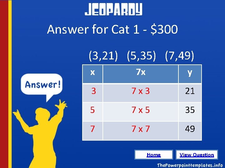 Answer for Cat 1 - $300 (3, 21) (5, 35) (7, 49) x 7