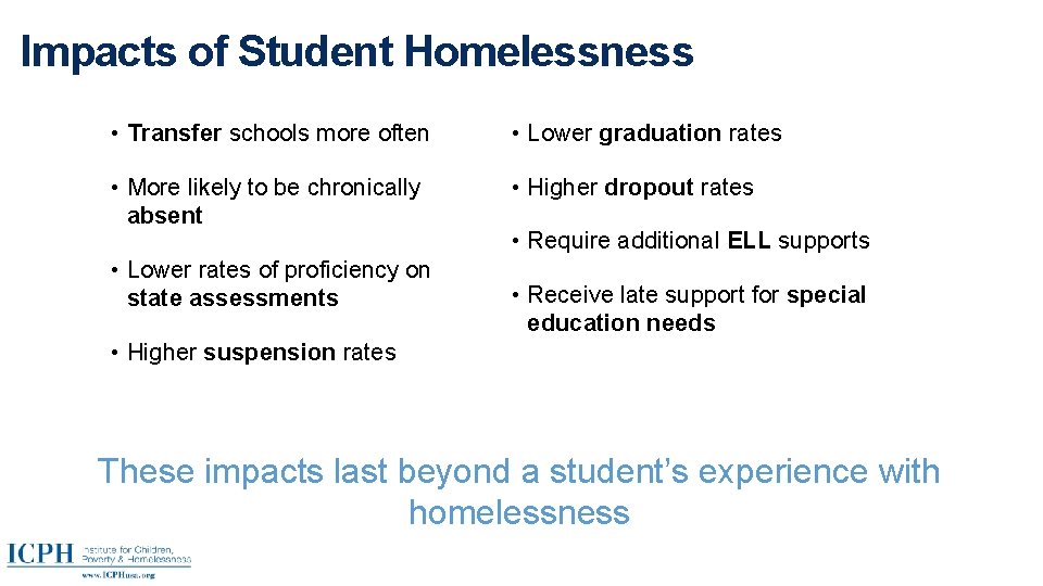 Impacts of Student Homelessness • Transfer schools more often • Lower graduation rates •
