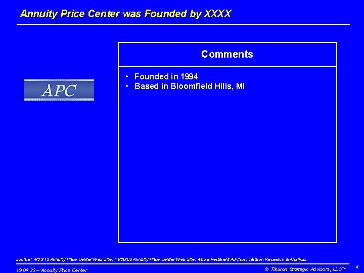 Annuity Price Center was Founded by XXXX Comments • Founded in 1994 • Based