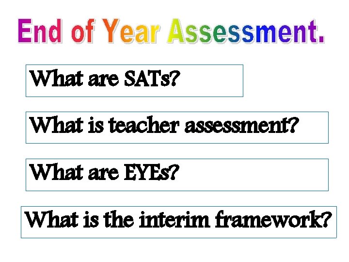 What are SATs? What is teacher assessment? What are EYEs? What is the interim