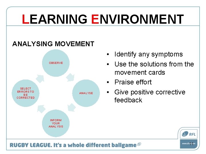 LEARNING ENVIRONMENT ANALYSING MOVEMENT OBSERVE SELECT ERRORS TO BE CORRECTED ANALYSE • Identify any