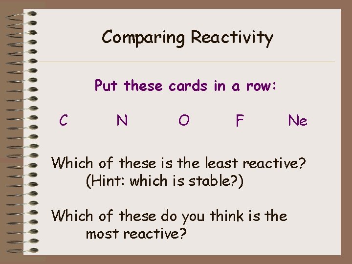 Comparing Reactivity Put these cards in a row: C N O F Ne Which