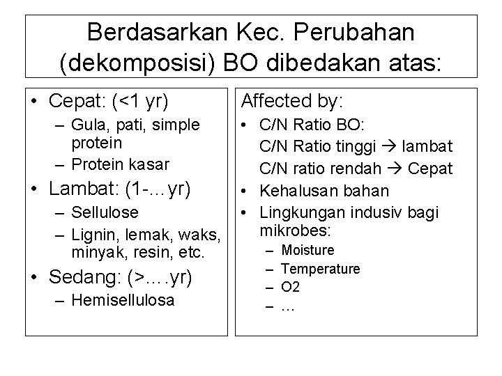 Berdasarkan Kec. Perubahan (dekomposisi) BO dibedakan atas: • Cepat: (<1 yr) – Gula, pati,