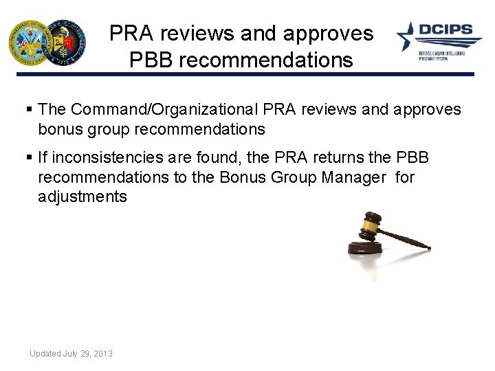 PRA reviews and approves PBB recommendations § The Command/Organizational PRA reviews and approves bonus