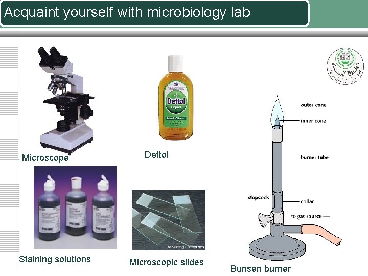 Acquaint yourself with microbiology lab Microscope Staining solutions Dettol Microscopic slides Bunsen burner 