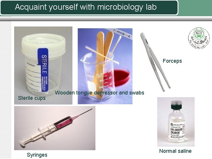 Acquaint yourself with microbiology lab Forceps Sterile cups Syringes Wooden tongue depressor and swabs