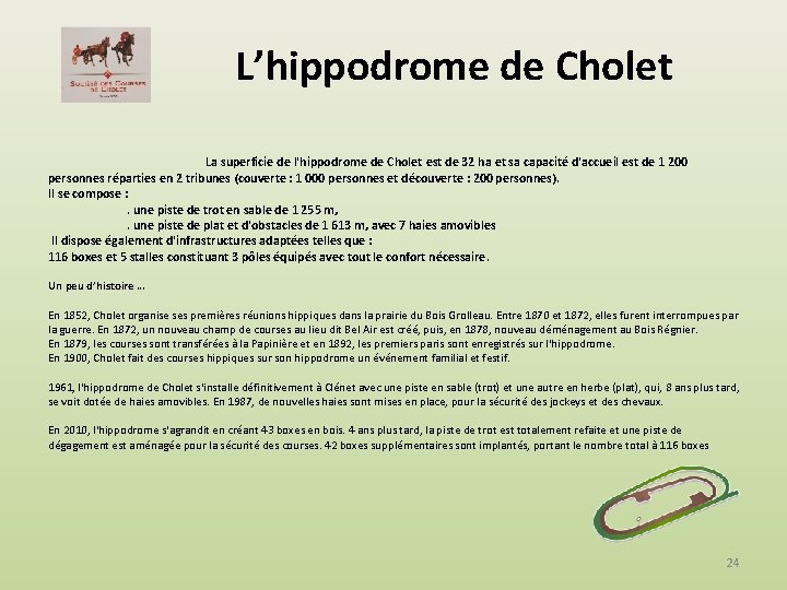 L’hippodrome de Cholet La superficie de l'hippodrome de Cholet est de 32 ha et