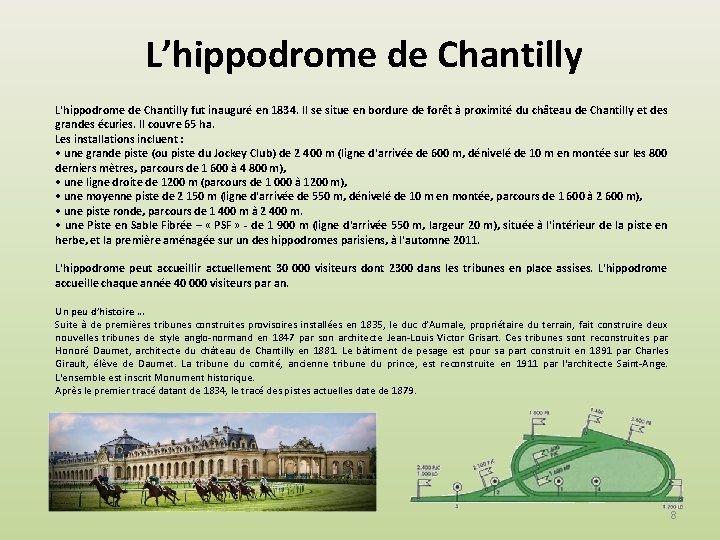 L’hippodrome de Chantilly L'hippodrome de Chantilly fut inauguré en 1834. Il se situe en