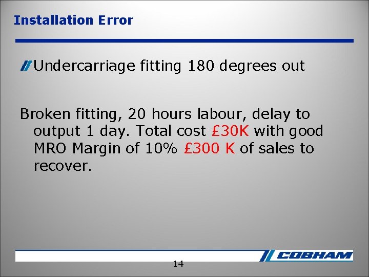 Installation Error Undercarriage fitting 180 degrees out Broken fitting, 20 hours labour, delay to