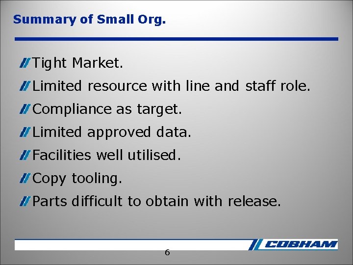 Summary of Small Org. Tight Market. Limited resource with line and staff role. Compliance