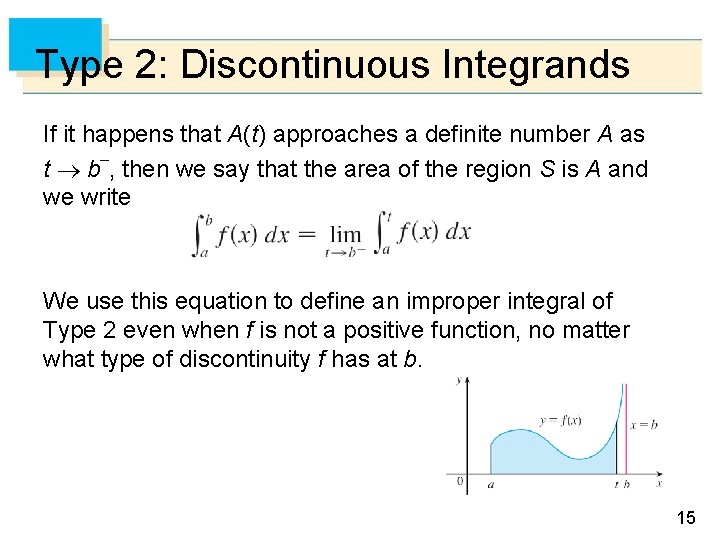 Type 2: Discontinuous Integrands If it happens that A(t) approaches a definite number A
