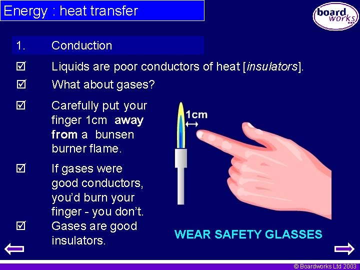 Energy : heat transfer 1. Conduction Liquids are poor conductors of heat [insulators]. What