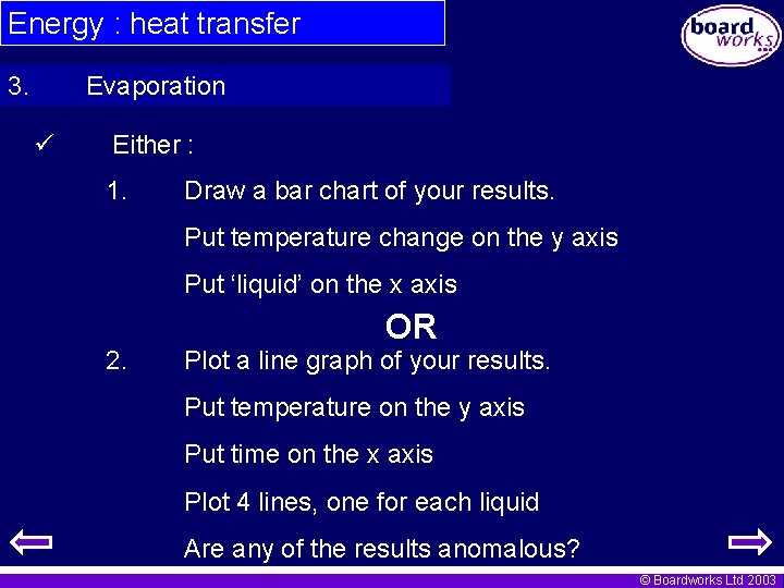 Energy : heat transfer 3. Evaporation Either : 1. Draw a bar chart of