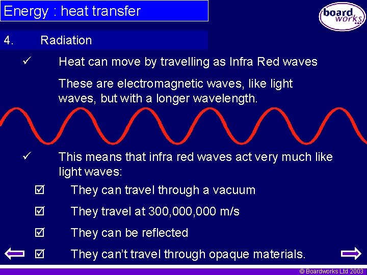 Energy : heat transfer 4. Radiation Heat can move by travelling as Infra Red