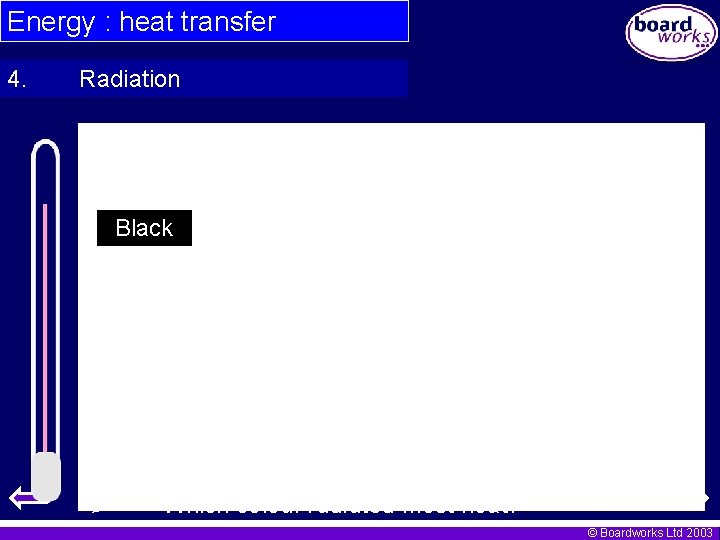 Energy : heat transfer 4. Radiation Black Which colour radiated most heat? © Boardworks