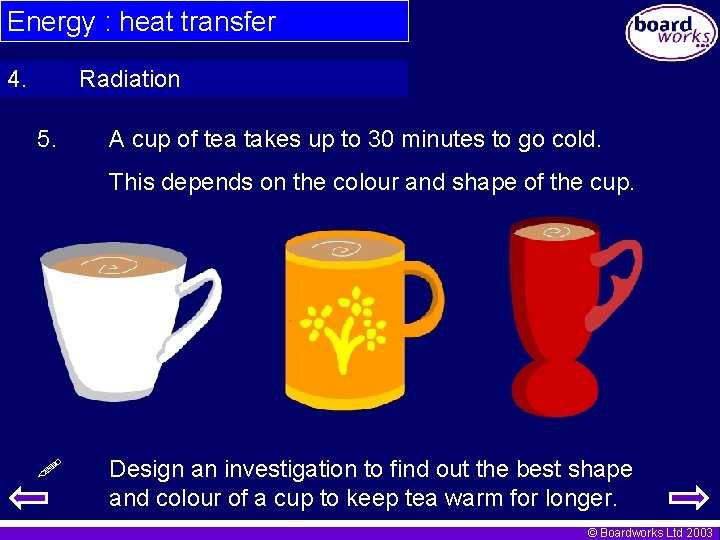 Energy : heat transfer 4. Radiation 5. A cup of tea takes up to