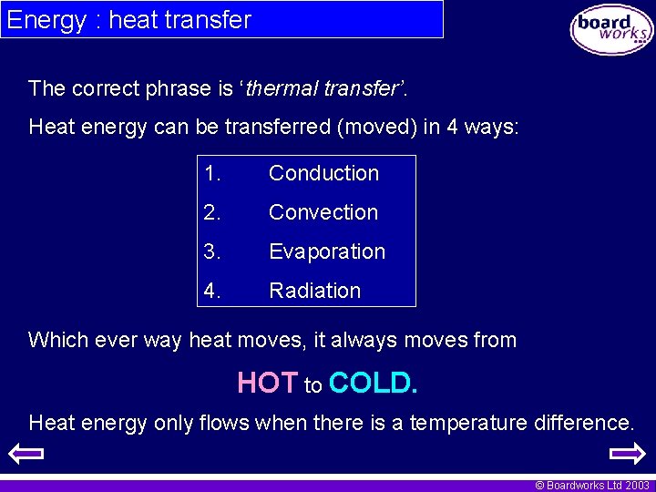 Energy : heat transfer The correct phrase is ‘thermal transfer’. Heat energy can be