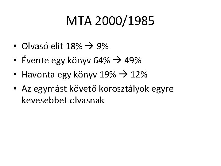 MTA 2000/1985 • • Olvasó elit 18% 9% Évente egy könyv 64% 49% Havonta