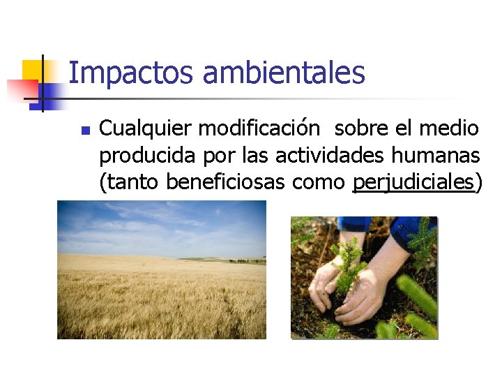 Impactos ambientales n Cualquier modificación sobre el medio producida por las actividades humanas (tanto