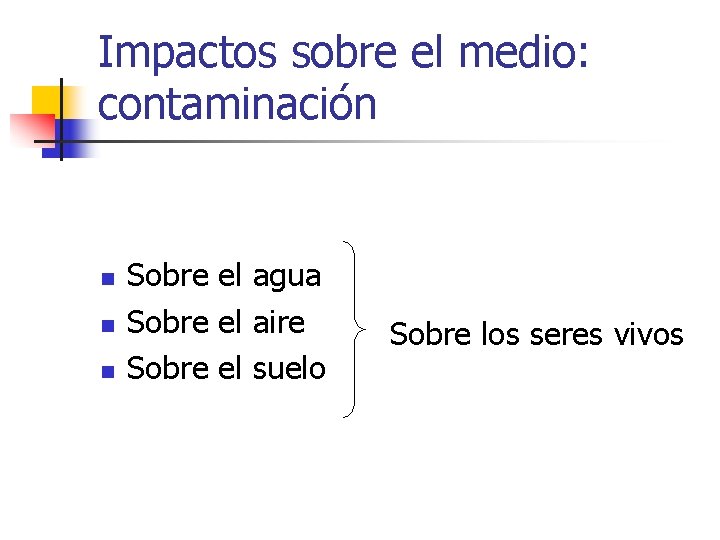 Impactos sobre el medio: contaminación n Sobre el agua Sobre el aire Sobre el