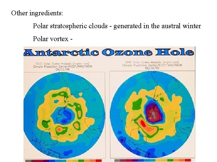 Other ingredients: Polar stratospheric clouds - generated in the austral winter Polar vortex -