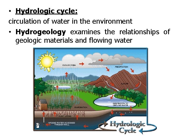  • Hydrologic cycle: circulation of water in the environment • Hydrogeology examines the