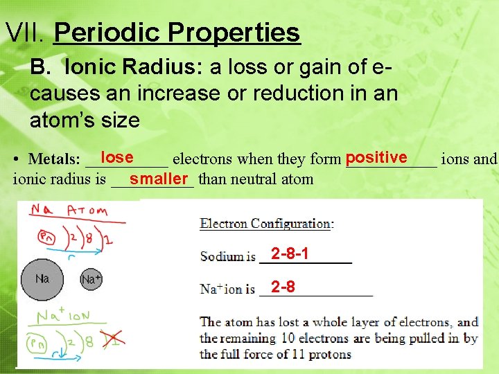 VII. Periodic Properties B. Ionic Radius: a loss or gain of ecauses an increase