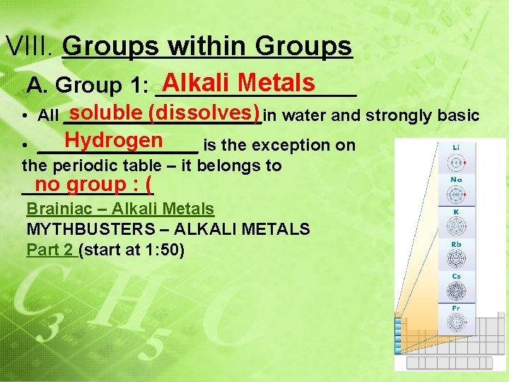 VIII. Groups within Groups Alkali Metals A. Group 1: ________ soluble (dissolves) water and