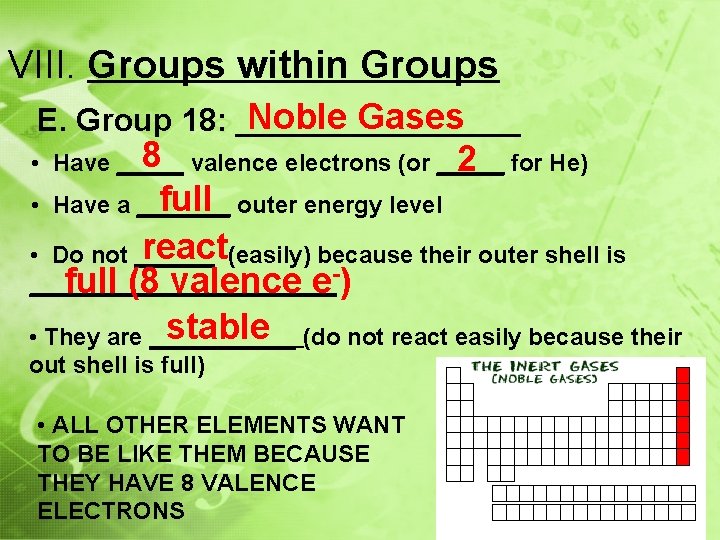 VIII. Groups within Groups Noble Gases E. Group 18: ________ 8 valence electrons (or