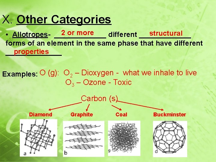 X. Other Categories 2 or more structural • Allotropes- _______ different _______ forms of