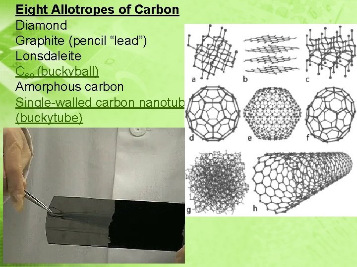 Eight Allotropes of Carbon Diamond Graphite (pencil “lead”) Lonsdaleite C 60 (buckyball) Amorphous carbon