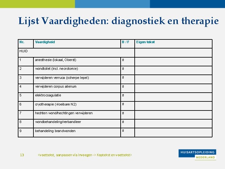 Lijst Vaardigheden: diagnostiek en therapie Nr. Vaardigheid B/F 1 anesthesie (lokaal, Oberst) B 2