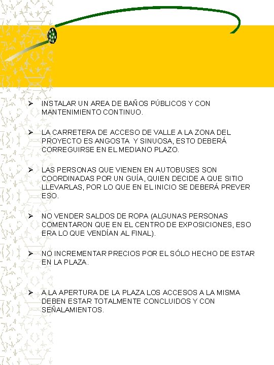 Ø INSTALAR UN AREA DE BAÑOS PÚBLICOS Y CON MANTENIMIENTO CONTINUO. Ø LA CARRETERA