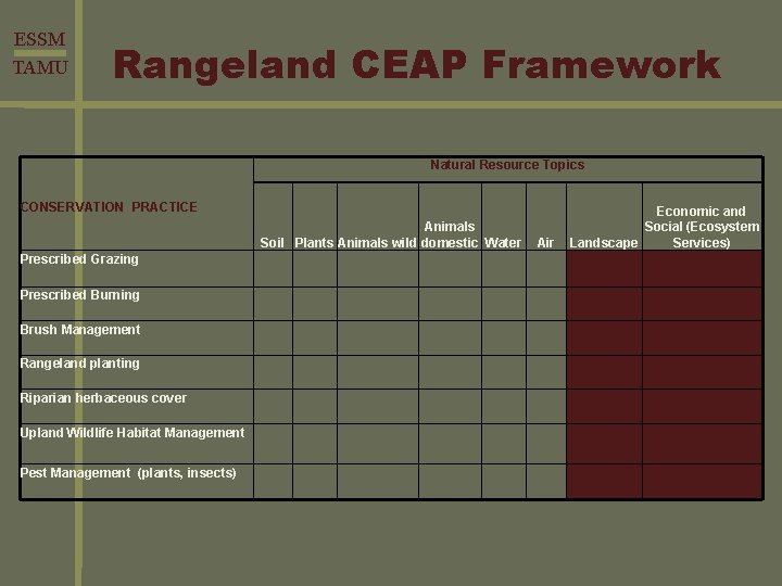 ESSM TAMU Rangeland CEAP Framework Natural Resource Topics CONSERVATION PRACTICE Animals Soil Plants Animals