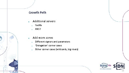 Growth Path Additional servers o o o Yadifa ANS? Add more zones o o