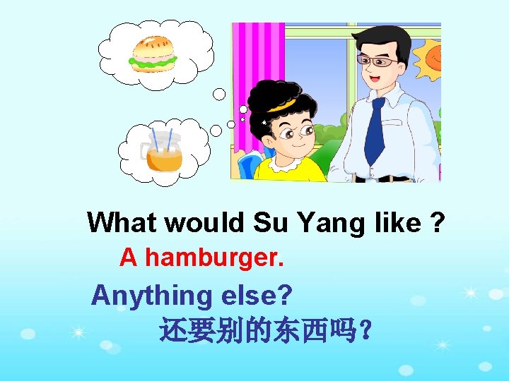 What would Su Yang like ? A hamburger. Anything else? 还要别的东西吗？ 