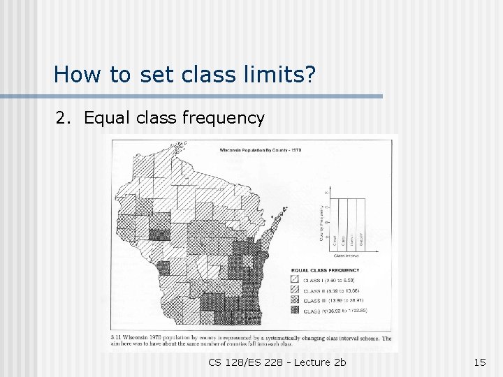 How to set class limits? 2. Equal class frequency CS 128/ES 228 - Lecture