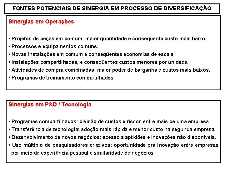 FONTES POTENCIAIS DE SINERGIA EM PROCESSO DE DIVERSIFICAÇÃO Sinergias em Operações • Projetos de