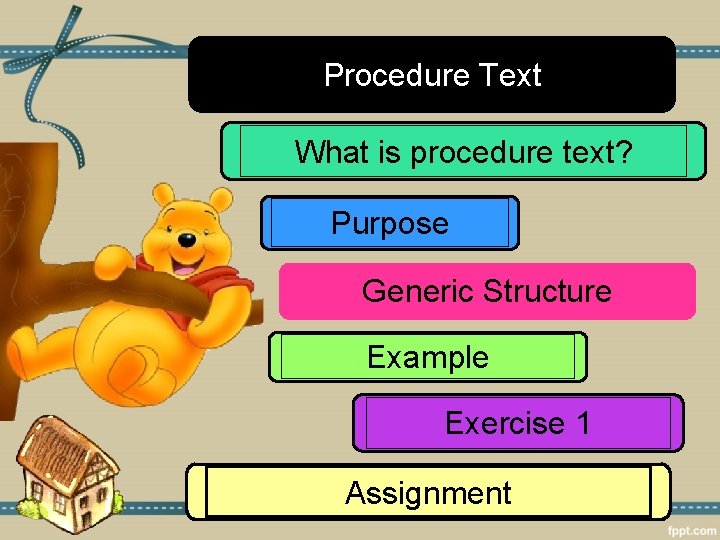 Procedure Text What is procedure text? Purpose Generic Structure Example Exercise 1 Assignment 