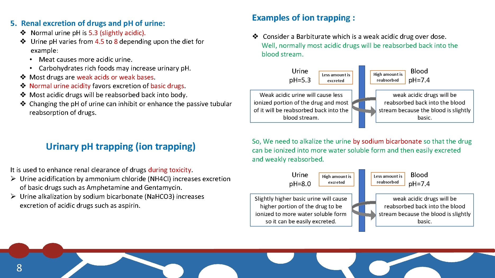 5. Renal excretion of drugs and p. H of urine: v Normal urine p.
