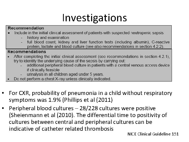 Investigations • For CXR, probability of pneumonia in a child without respiratory symptoms was